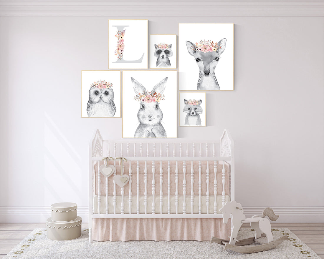 Nursery decor girl boho, bunny, fox, deer, owl, animal nursery, woodland nursery decor girl, animal prints for nursery girl, blush, peach