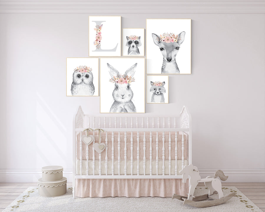 Nursery decor girl boho, bunny, fox, deer, owl, animal nursery, woodland nursery decor girl, animal prints for nursery girl, blush, peach