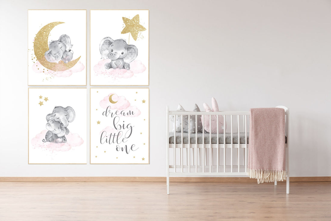 pink and gold nursery, dream big little one, Nursery decor girl elephant, pink nursery art, moon and stars baby room decor nursery wall art