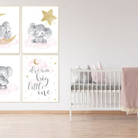 pink and gold nursery, dream big little one, Nursery decor girl elephant, pink nursery art, moon and stars baby room decor nursery wall art