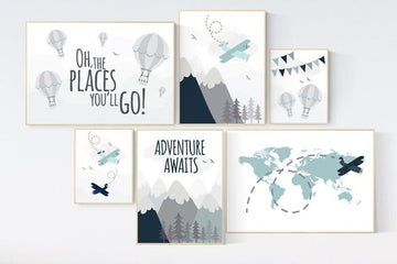 Adventure nursery decor, hot air balloon nursery, world map nursery, adventure awaits, woodland nursery decor, mountain nursery decor