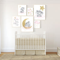 Nursery decor girl, Nursery decor elephant, baby room decor girl gold and pink, gold nursery art, to the moon and back, cloud stars nursery