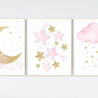 Nursery wall art girl, baby room decor girl gold and pink, moon and star, baby room decor, girl nursery wall art, star nursery, gold nursery