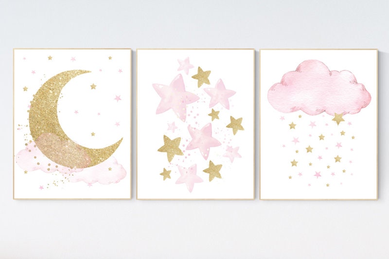 Nursery wall art girl, baby room decor girl gold and pink, moon and star, baby room decor, girl nursery wall art, star nursery, gold nursery