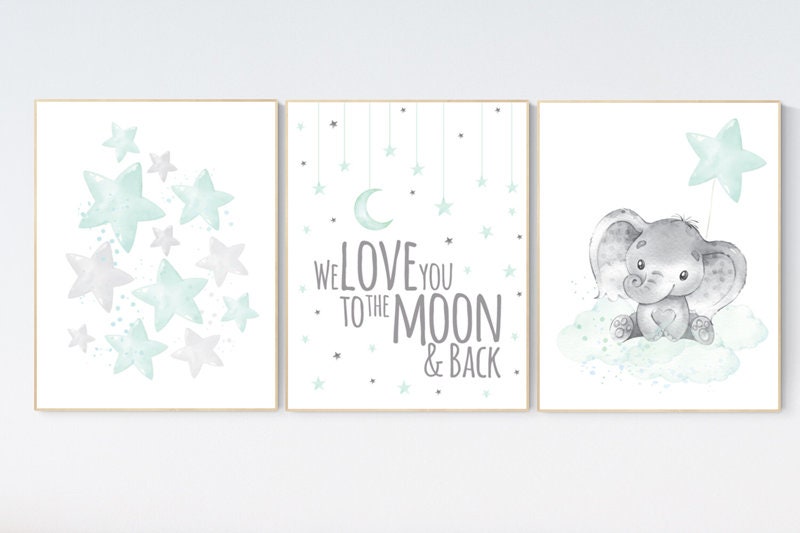 Mint nursery wall art, gender neutral, Elephant nursery, we love you to the moon and back, mint green, Nursery decor neutral, nursery prints