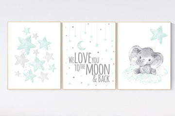 Mint nursery wall art, gender neutral, Elephant nursery, we love you to the moon and back, mint green, Nursery decor neutral, nursery prints