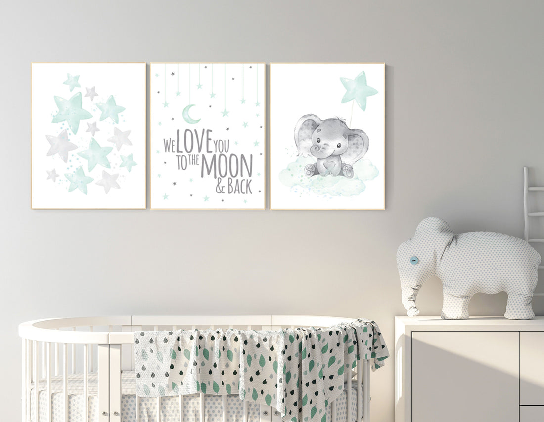 Mint nursery wall art, gender neutral, Elephant nursery, we love you to the moon and back, mint green, Nursery decor neutral, nursery prints