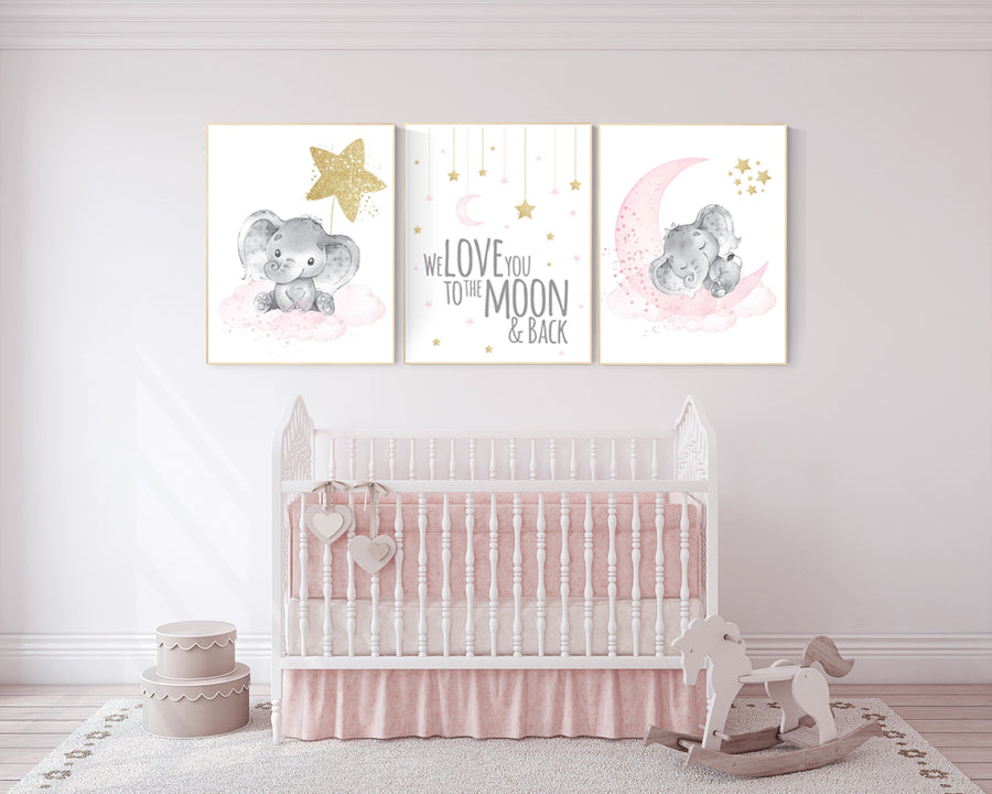 Nursery wall art girl elephant, pink and gold nursery, we love you to the moon and back, pink nursery art, cloud and stars, baby room decor