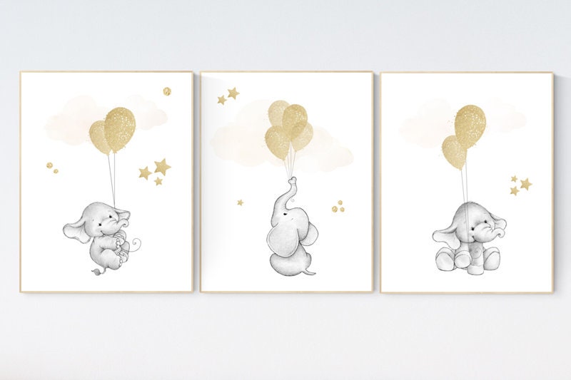 Gold nursery wall art, elephant balloon print, nursery wall art  elephant, gold nursery decor, gold nursery art, gender neutral baby room