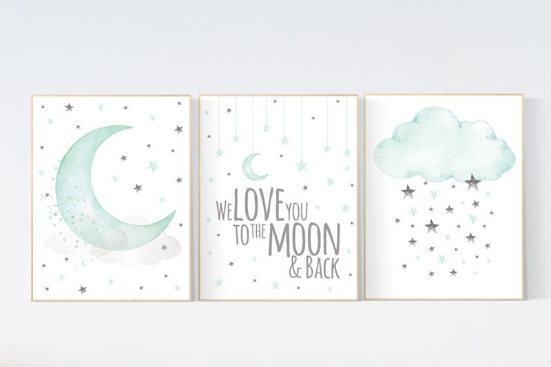 Nursery wall art mint and grey, we love you to the moon and back, Mint gray nursery decor, nursery decor neutral, cloud and star, baby room