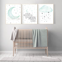 Nursery wall art mint and grey, we love you to the moon and back, Mint gray nursery decor, nursery decor neutral, cloud and star, baby room