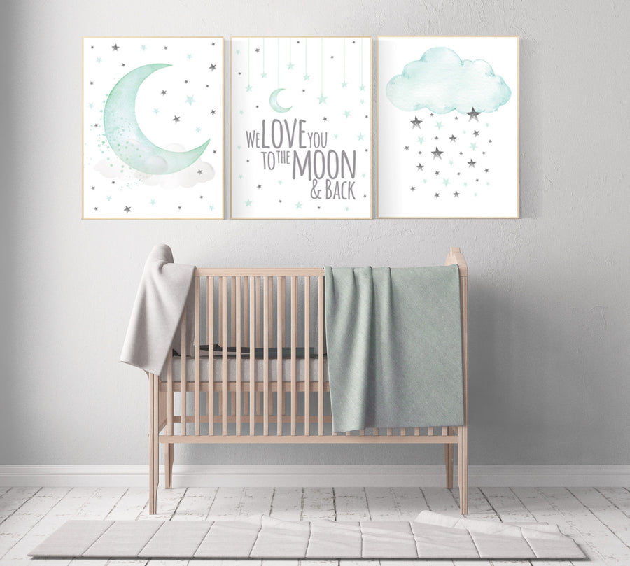 Nursery wall art mint and grey, we love you to the moon and back, Mint gray nursery decor, nursery decor neutral, cloud and star, baby room