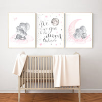 Girls room decor, Nursery decor girl pink and gray, nursery decor girl pink, Elephant nursery, we love you to the moon and back, moon stars