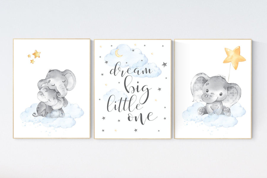 Nursery wall art elephant, moon and stars, gender neutral, baby room decor, elephant balloon, dream big little one, baby room decor ideas