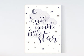 Twinkle twinkle little star, navy nursery decor, moon and stars, navy blue nursery art. baby room decor