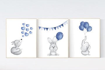 Navy blue nursery, Nursery decor boy, elephant, bunny, fox, Baby Animal Nursery Art, Woodland animals, Nursery Prints, boy nursery wall art