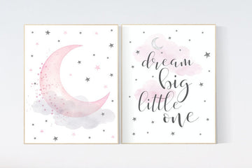 Nursery decor girl, nursery wall art girl pink, pink nursery, dream big little one, moon print, nursery print, moon and stars nursery art