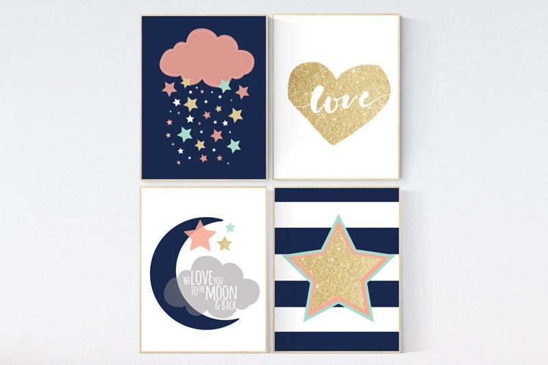 Navy Coral mint gold nursery decor, we love you to the moon and back, moon and stars, nursery print, navy coral mint gold baby room art