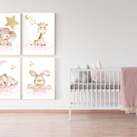 Pink and gold nursery, Nursery decor girl elephant, animal nursery, bunny nursery art, pink gold, bear nursery, giraffe baby room wall art