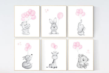 Nursery prints animals with balloons, animal balloon print,  nursery decor girl, elephant, bunny, giraffe, nursery wall art girl, pink gray