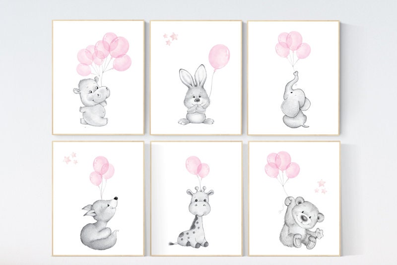 Nursery prints animals with balloons, animal balloon print,  nursery decor girl, elephant, bunny, giraffe, nursery wall art girl, pink gray