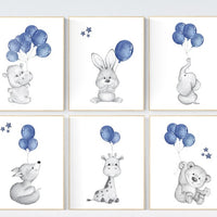 Navy nursery decor, nursery wall art boy, Nursery prints animals with balloons, Nursery balloons art, giraffe, fox, bunny, elephant