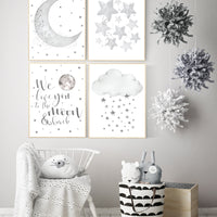 Nursery wall art grey, gray nursery, nursery decor neutral, baby room decor gender neutral, moon and stars, grey nursery decor baby room art