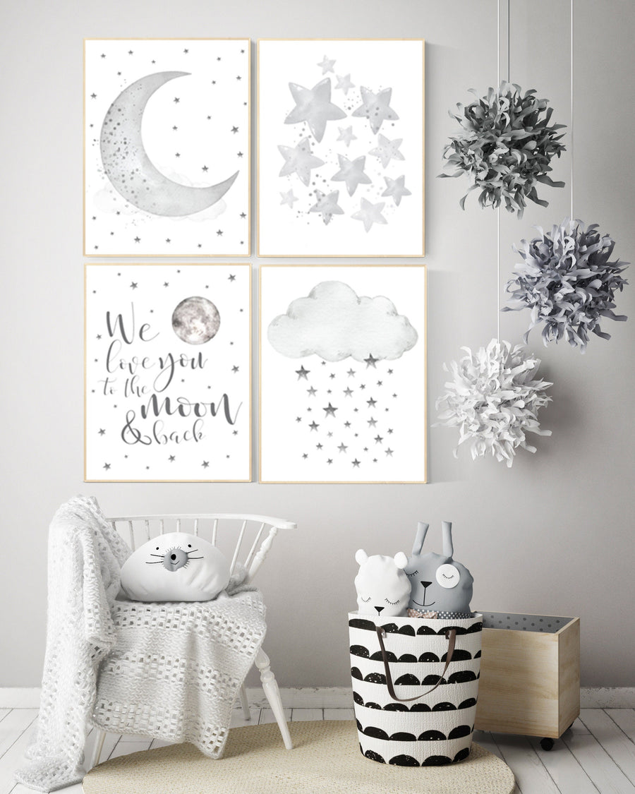 Nursery wall art grey, gray nursery, nursery decor neutral, baby room decor gender neutral, moon and stars, grey nursery decor baby room art