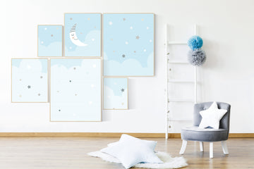 Nursery prints boy, nursery decor boy sky, sky nursery, baby room wall art boy, moon nursery art, moon and stars decor, baby blue room art
