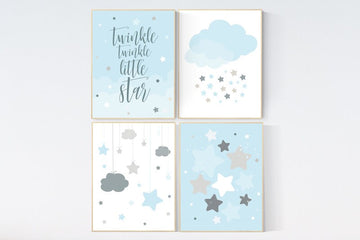 Twinkle Twinkle Little Star, Baby boy nursery decor, Blue gray nursery, boys room wall art, baby room prints, moon and star nursery, cloud