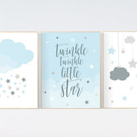 Blue gray nursery, Twinkle Twinkle Little Star, Baby boy nursery decor, moon nursery art, boys room wall art, baby room prints, set of 3