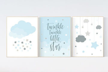 Blue gray nursery, Twinkle Twinkle Little Star, Baby boy nursery decor, moon nursery art, boys room wall art, baby room prints, set of 3