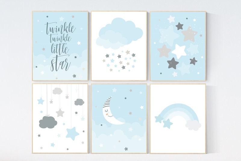 Star nursery, Moon nursery, Boy nursery prints, blue nursery decor, twinkle twinkle little star, blue gray Nursery decor boy, moon and cloud