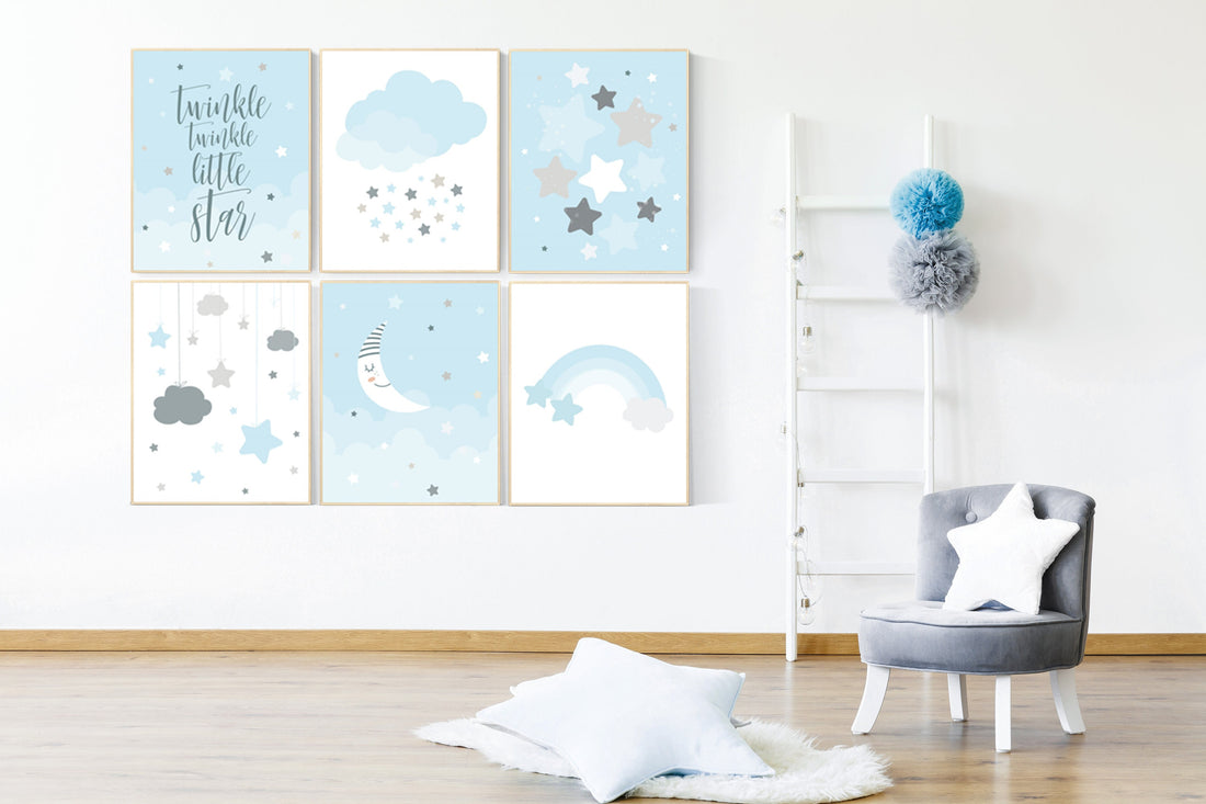 Boy nursery prints, blue nursery decor, twinkle twinkle little star, blue gray Nursery decor boy, moon and cloud, Star nursery, Moon nursery