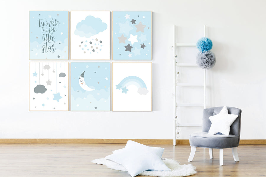 Boy nursery prints, blue nursery decor, twinkle twinkle little star, blue gray Nursery decor boy, moon and cloud, Star nursery, Moon nursery