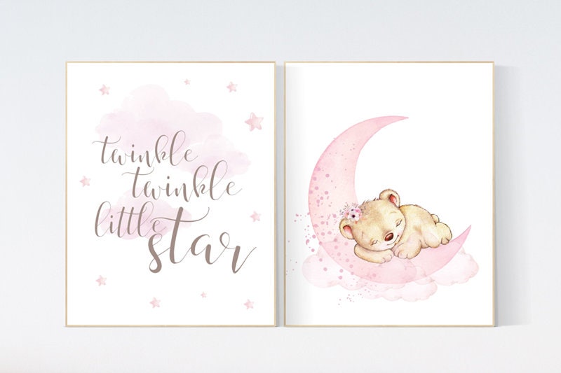 Nursery wall art bear, girl nursery decor woodland, nursery decor woodland, nursery prints girl, girls room, twinkle twinkle little star