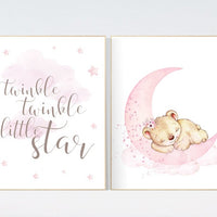 Nursery wall art bear, girl nursery decor woodland, nursery decor woodland, nursery prints girl, girls room, twinkle twinkle little star