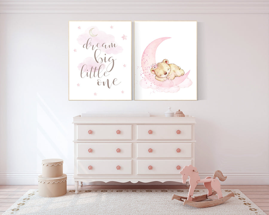 Nursery wall art bear, girl nursery decor animals,  nursery decor woodland, nursery prints girl, girls room, dream big little one teddy bear