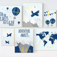 Nursery decor boy, navy yellow, Adventure nursery decor, travel theme, nursery wall decor boy plane, world map, adventure awaits, mountain