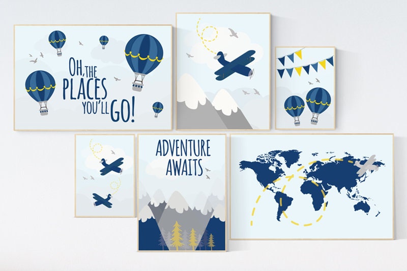 Nursery decor boy, navy yellow, Adventure nursery decor, travel theme, nursery wall decor boy plane, world map, adventure awaits, mountain