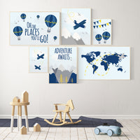 Nursery decor boy, navy yellow, Adventure nursery decor, travel theme, nursery wall decor boy plane, world map, adventure awaits, mountain