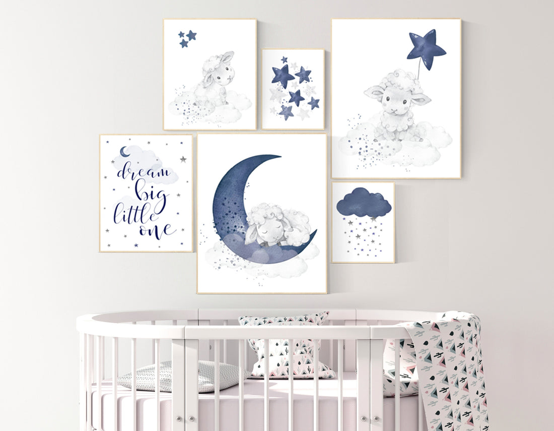 Lamb nursery print set, sheep nursery above crib art, navy nursery, sheep nursery art, sheep baby decor, Boy Wall Art, Baby Blue, Boy Lamb