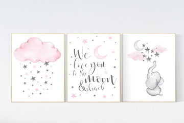 Elephant nursery, Nursery decor girl pink and gray, nursery decor girl pink, pink nursery, we love you to the moon and back, cloud nursery