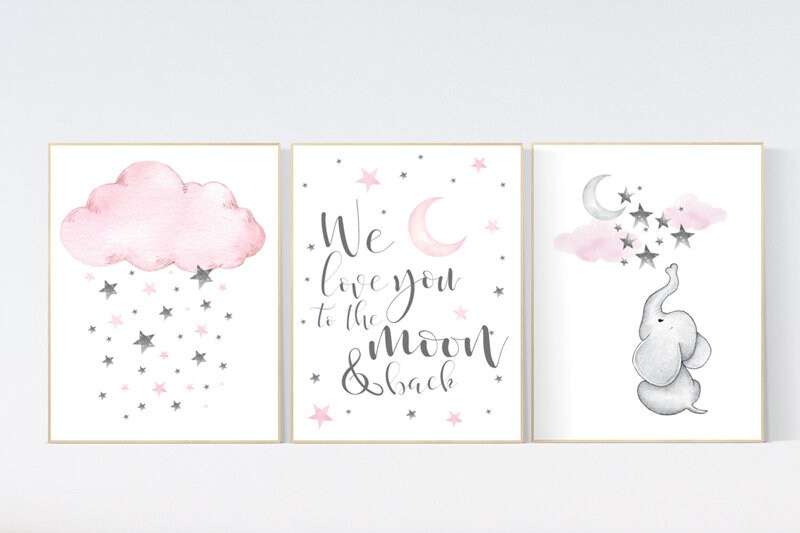 Elephant nursery, Nursery decor girl pink and gray, nursery decor girl pink, pink nursery, we love you to the moon and back, cloud nursery