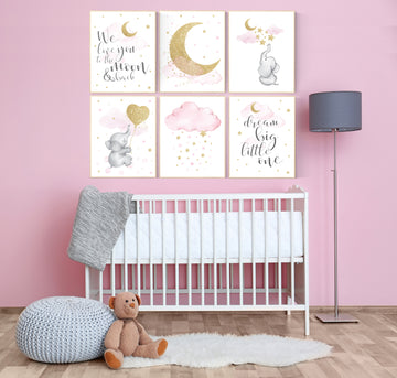 Nursery decor girl, nursery decor elephant, pink gold nursery, girl room wall art, baby nursery wall art, moon and stars, pink and gold