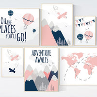 Coral navy nursery decor, Nursery decor adventure, coral nursery, airplane, world map, adventure awaits, mountain wall art for nursery