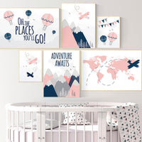 Coral navy nursery decor, Nursery decor adventure, coral nursery, airplane, world map, adventure awaits, mountain wall art for nursery