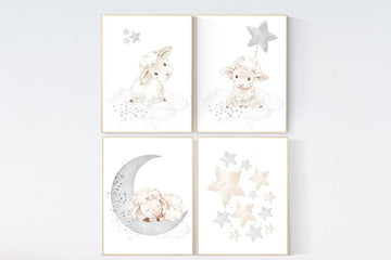 Sheep nursery decor, Gray nursery decor, nursery decor lambs, nursery wall art sheep, moon and cloud wall art nursery gender neutral nursery
