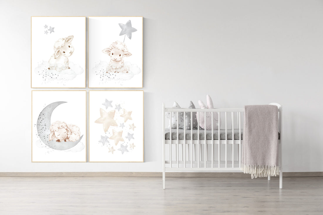 Sheep nursery decor, Gray nursery decor, nursery decor lambs, nursery wall art sheep, moon and cloud wall art nursery gender neutral nursery