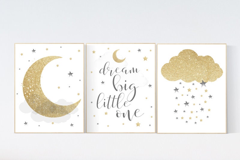 Nursery wall art gold gray, gender neutral nursery, gold nursery, moon and stars, baby room decor, gender neutral nursery ideas, grey